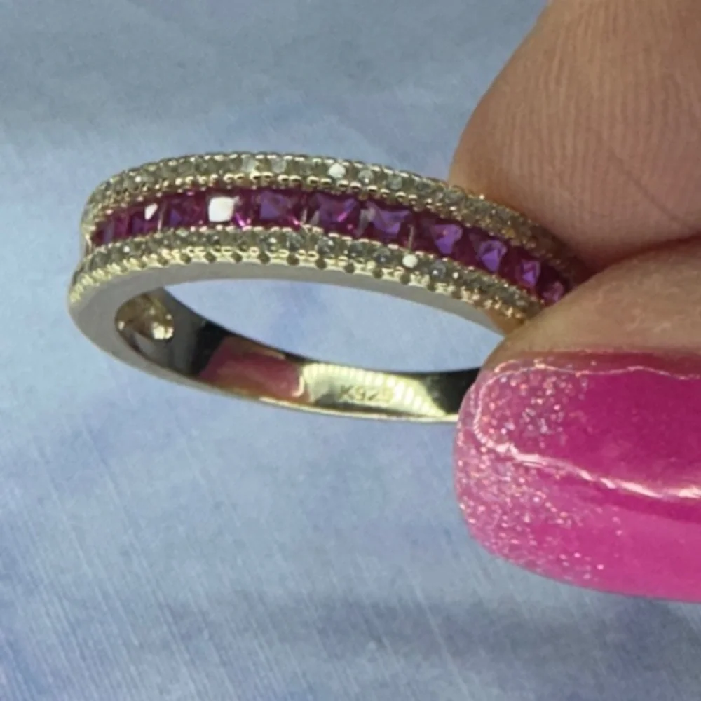 Classic Gold Ruby and Diamond-Style Band in 925 Silver - Picture 3 of 3